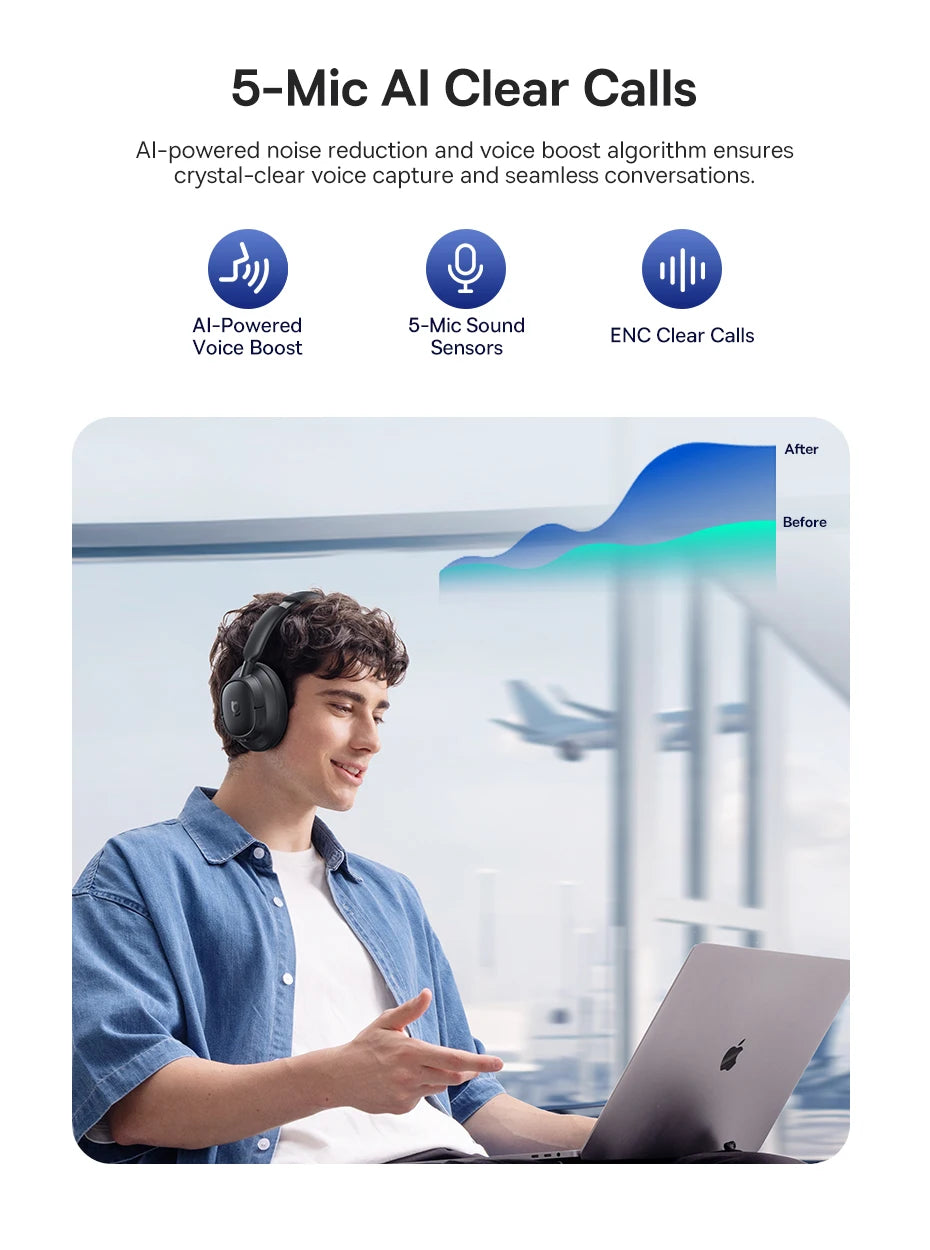 Baseus Bowie H1s Wireless Headphones Bluetooth 5.4 Noise Canceling 46dB Over Ear Headset Hi-Res Spatial Audio Earphone 120H Time