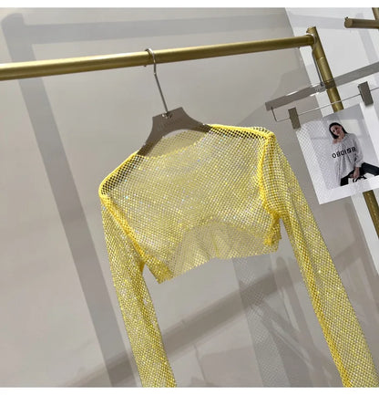 Bright diamond short top Slim thin Ms. hot drill long-sleeved T-shirt sexy leak waist nightclub