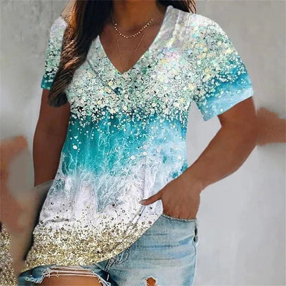 Colorful Tassels Print T-Shirt Fashion Women's Short Sleeve V-Neck T-Shirt Summer Casual Elegant Women's Large Size T-Shirt