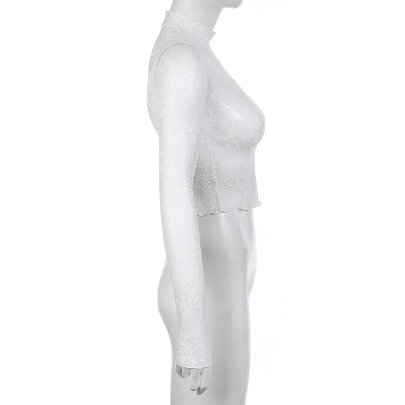 Lace Blouse Shirts Summer Women Turtleneck Long Sleeve See Through Lace Patchwork Thin Tops