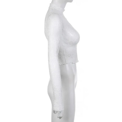 Lace Blouse Shirts Summer Women Turtleneck Long Sleeve See Through Lace Patchwork Thin Tops