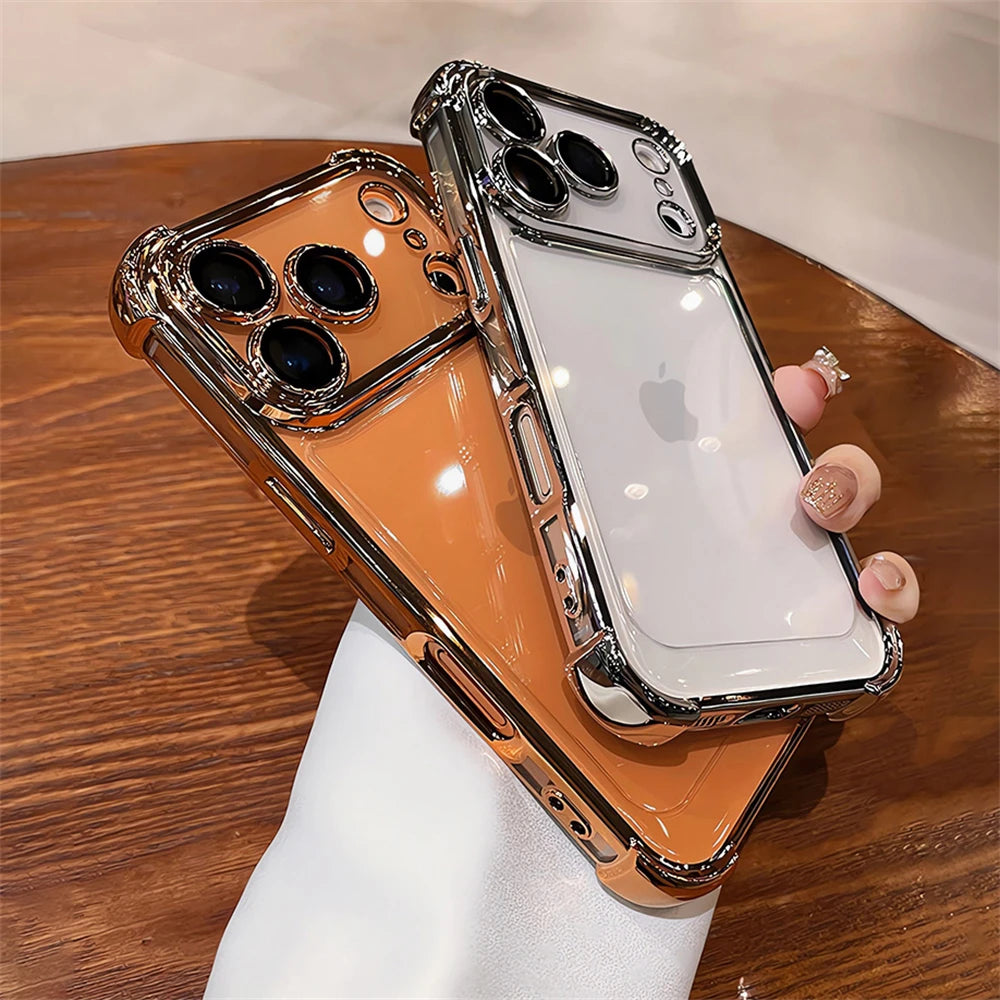 For iPhone 17 Pro Max 16 15 Plus 14 13 12 Transparent Electroplated Case Full Lens Protection Bumper Shockproof Plating Cover