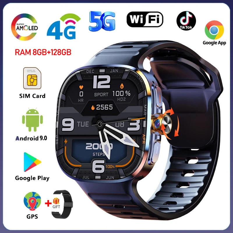Android 9.0 Smart Watch 2.4 inch AMOLED 2100mah Battery 900W Camera GPS WIFI Google APPS Download Smartwatch