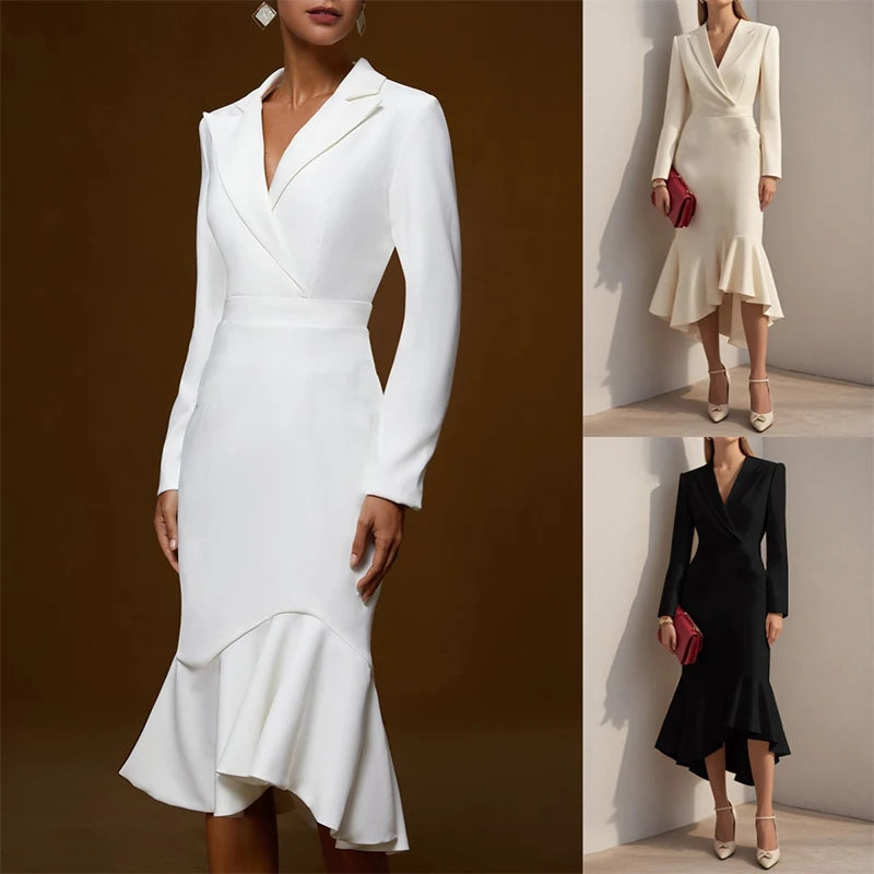 Lapel V-neck Fishtail Dress For Women Fashion Commute Hight Waist Solid Long Dress Casual Long Sleeve Ruffle Party Dress