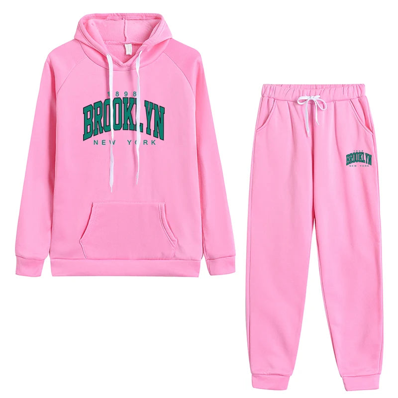 Women's Autumn Winter Casual Sports Jogging Suits Green Brooklyn Printed Hoodies and Sweatpants Girls Urban Fashion Warm Outfits