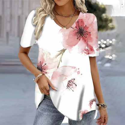 Butterfly Printed Short Sleeve T-shirt Korean Style Women's Clothes 2024 V-neck Short Sleeves Tees Shirt Loose Casual Blouses