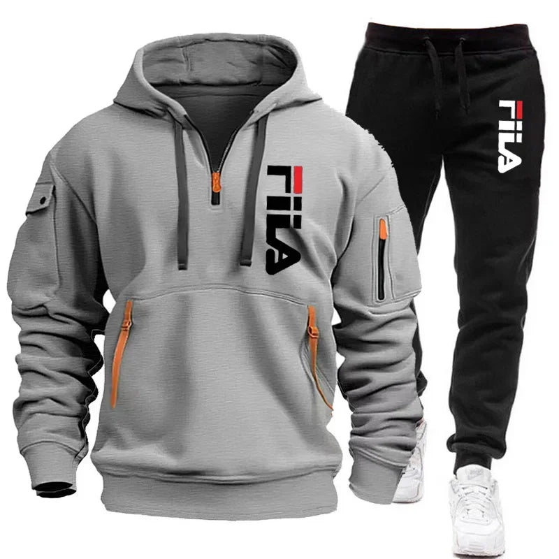 Autumn and Winter 2025 new men's hooded sweatshirt + pants two-piece set, outdoor multi-pocket men's pullover sportswear set