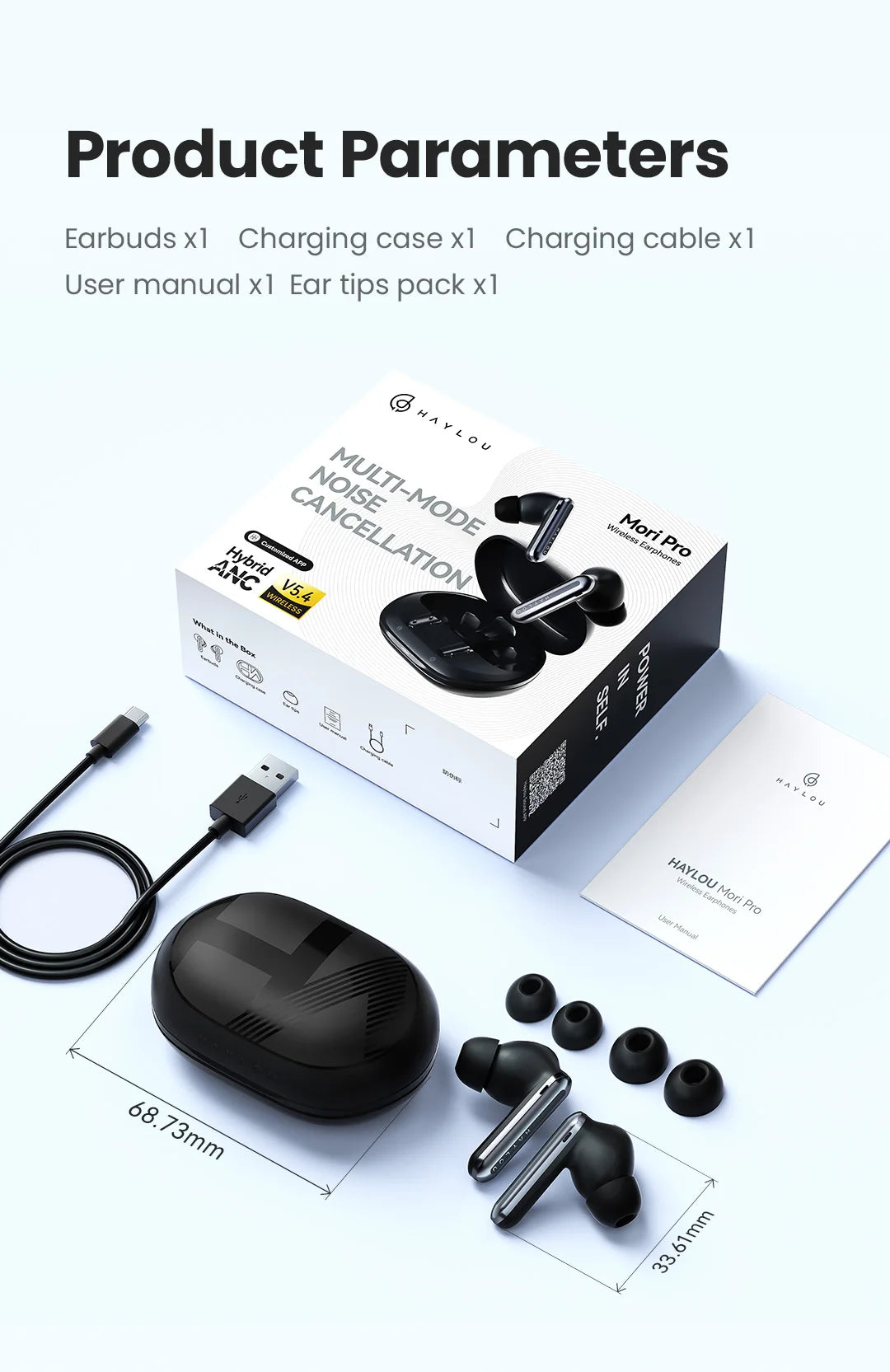 HAYLOU Mori Pro Bluetooth 5.4 Earphones Wireless  43dB Adaptive Hybrid ANC Hi-Res LDAC Earbuds 6 Mic Headphones 28H Battery Life