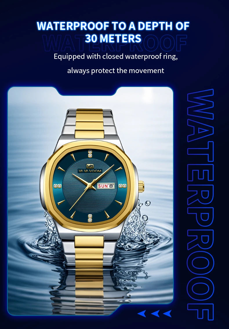 VA VA VOOM Men Watch Fashion Silver Black Stainless Steel 41mm Casual Business Style Week 3Bar Waterproof Sports Quartz Watches