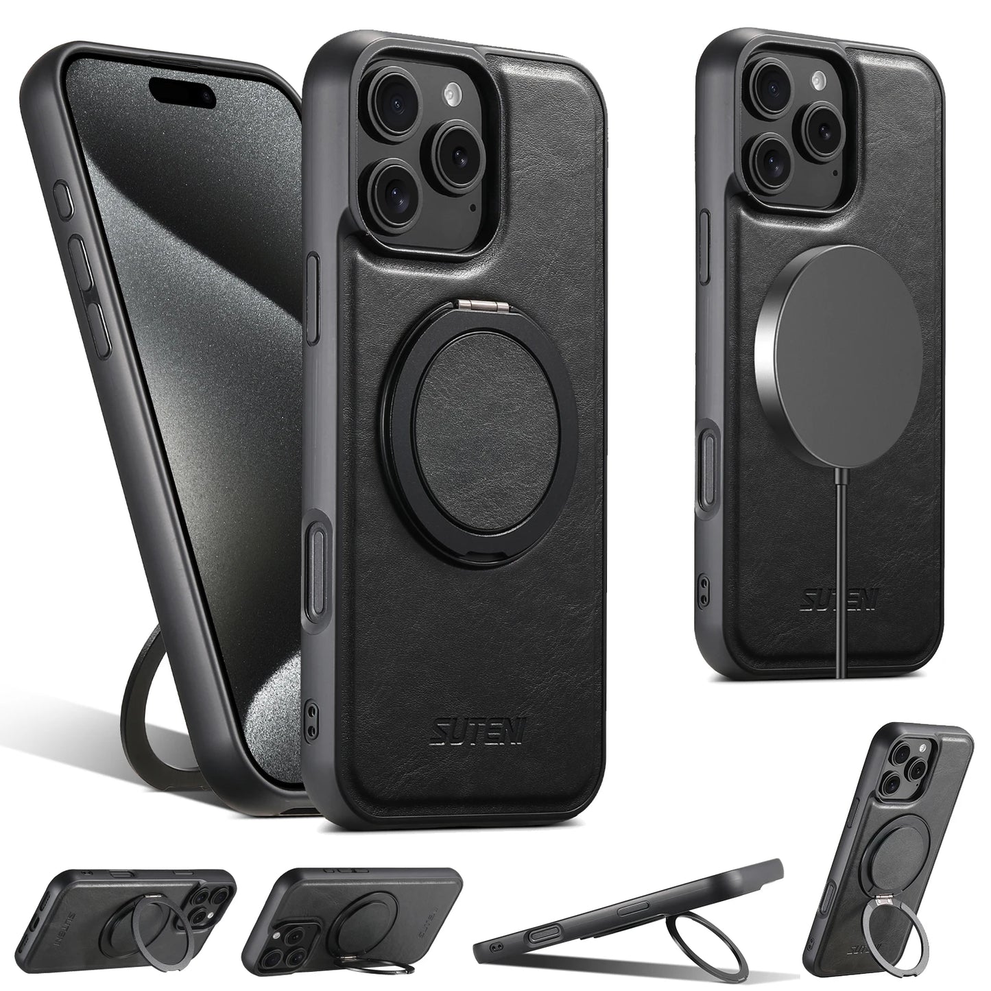 Strong Magnetic Compatible MagSafe Wireless Charging 360° Rotating Ring Stand PU Leather Phone Case For iPhone 17 16 15 14 13 12