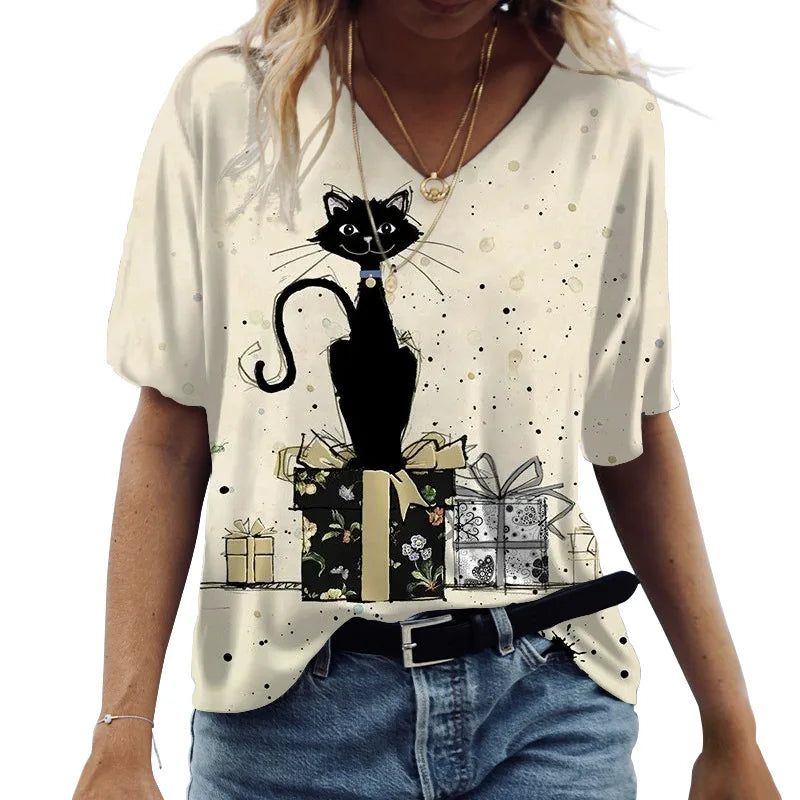 T-shirt Cartoon Cat Print Summer Short Sleeve V-Neck Kawaii Fashion Casual Tee Shirts With Cat Funny Femininity Clothing
