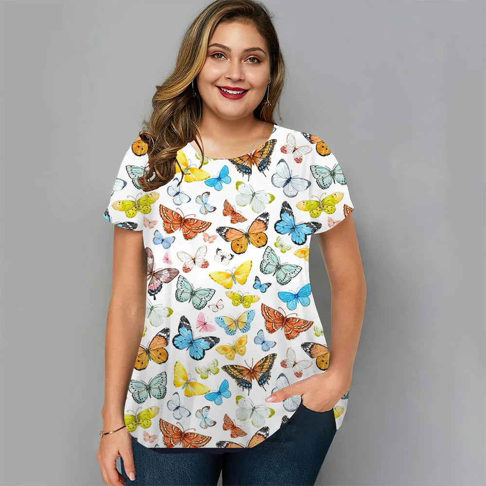 T-Shirts Spring Clothing Floral Graphic O-Neck Pullovers Short Sleeve Tops Streetwear Oversized Apparel Ladies 2023