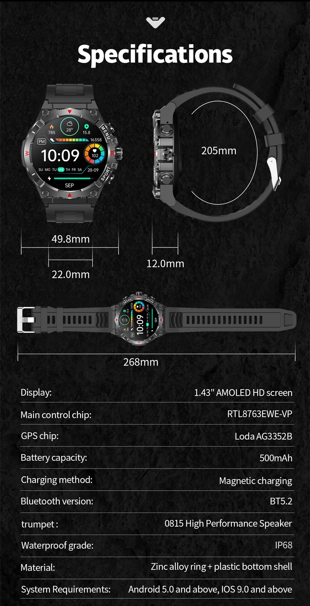 COLMI V76 GPS Smartwatch 1.43" Ultra AMOLED Display Built-in Compass Altimeter Bluetooth Call Smart Watch 500mAh Battery