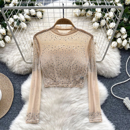 Thin See-tough Long Sve Me T-shirt ort Heavy-du Rhinestone Base irt Korean Sle Creative Pattern