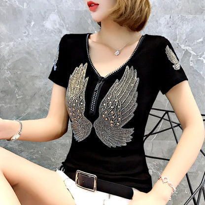 T-shirt For Summer Short Sleeve Pulovers Clothes Casual Aesthetic Cotton Tops Sexy V Neck Zipper Diamonds Tees