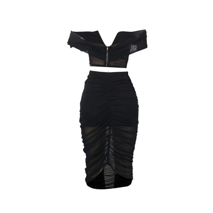 Slimming Mesh Splice Bum Covering Visibility Elastic Off-Shoulder 2-Piece Set European And American Style