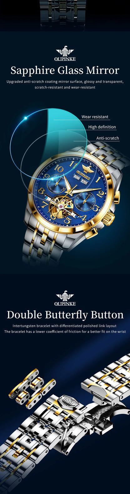 OUPINKE 3263 Mens Watch Luxury Flywheel Automatic Mechanical Watch﻿ 50M Waterproof Luminous Tungsten Steel Brand Watches New