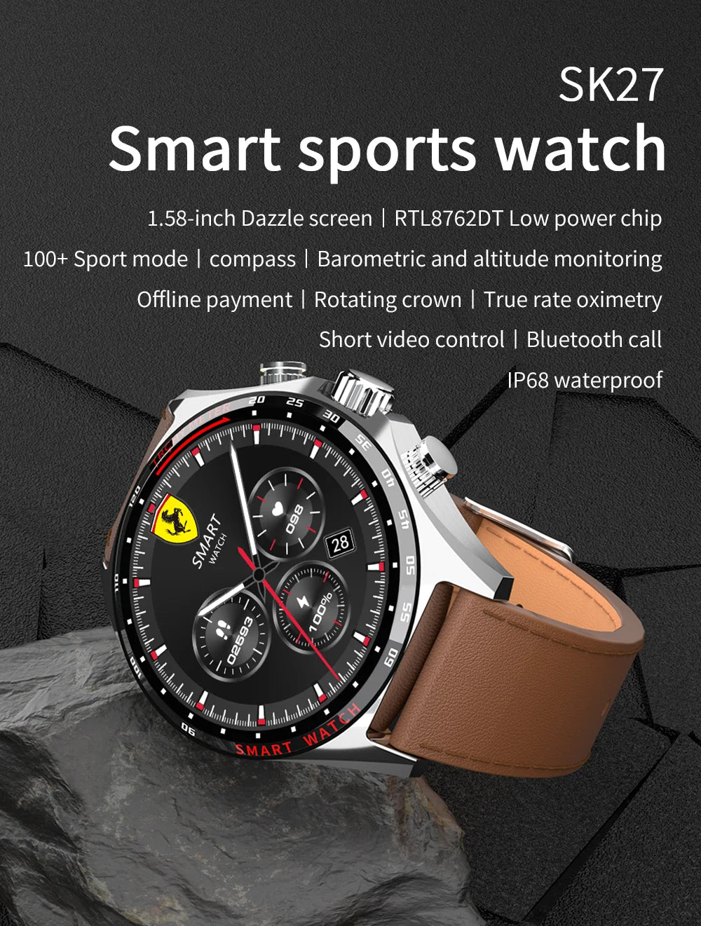 Smart Watchs Men Sport Fitness GPS Tracker Compass Bluetooth Call Heart Rate Health Smartwatch for Huawei Xiaomi Ferrari