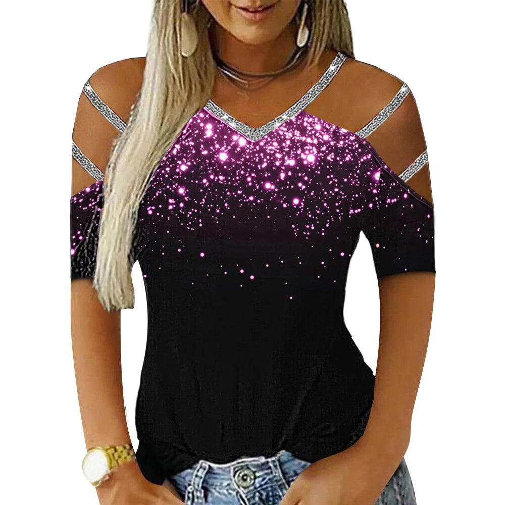 Women Glitter Short Sleeve V Neck T Shirt Ladies Casual Cold Shoulder Blouse Tops Clothing