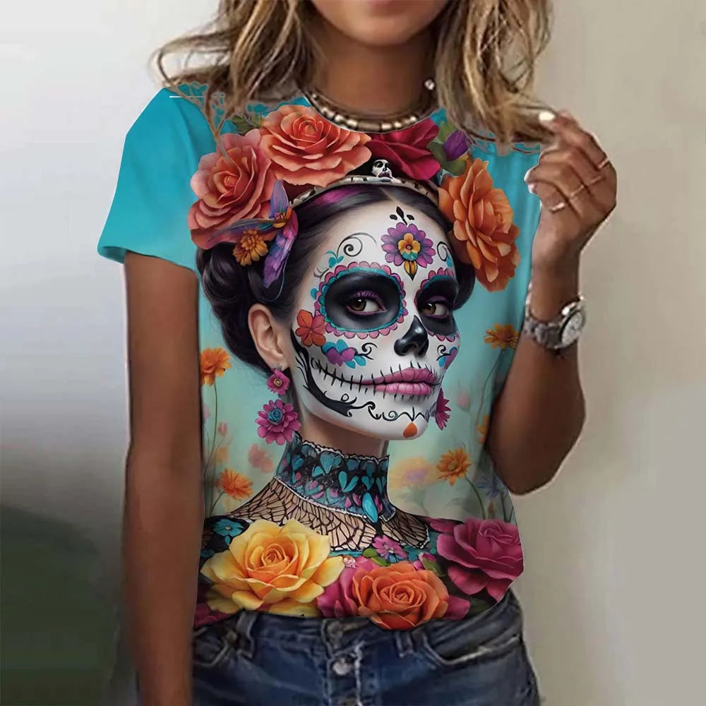 T-shirt for Girls Summer Short Sleeve Casual Sexy Girls Clothes Horror Undead Skull Pattern oversized T-shirts