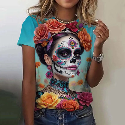 T-shirt for Girls Summer Short Sleeve Casual Sexy Girls Clothes Horror Undead Skull Pattern oversized T-shirts