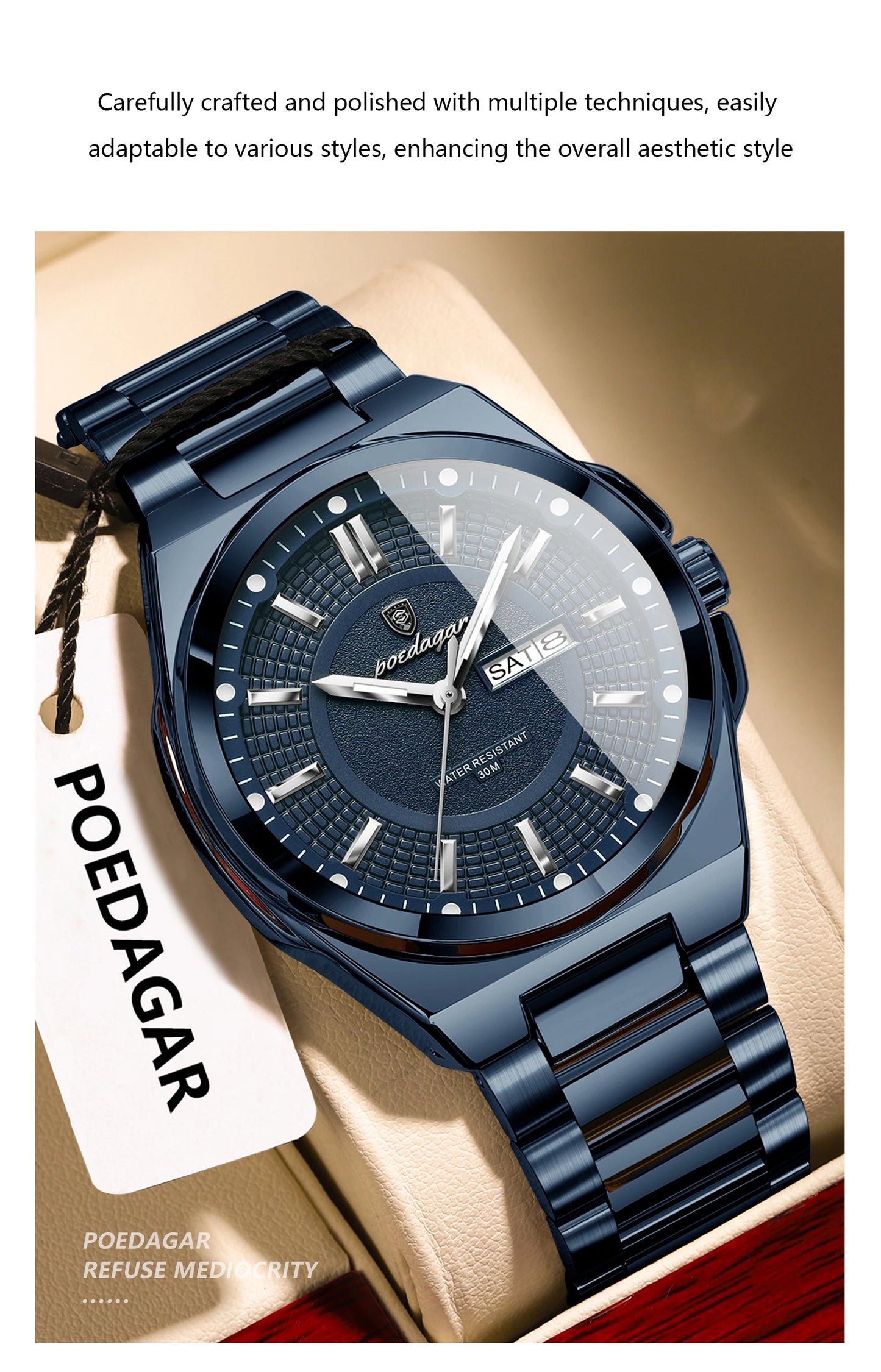 POEDAGAR Sport Original Men Clock Quartz Date Week Luxury Man Wristwatch Waterproof Luminous Stainless Steel Men's Watches Reloj