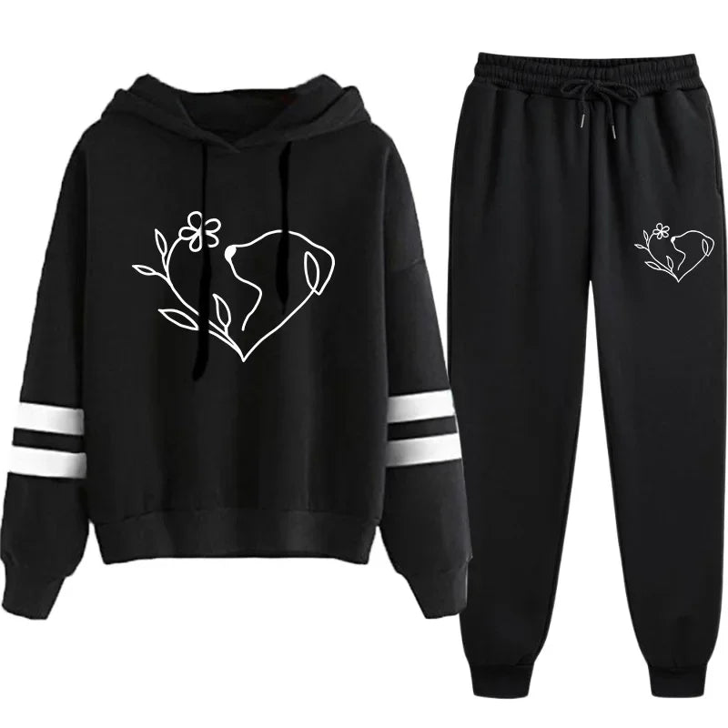 2025 Hot Sale Women's Tracksuit Hooded Sweatshirts Black Sweatpants Urban Casual Fashion Sportswear Cute Pattern Print Hoodies