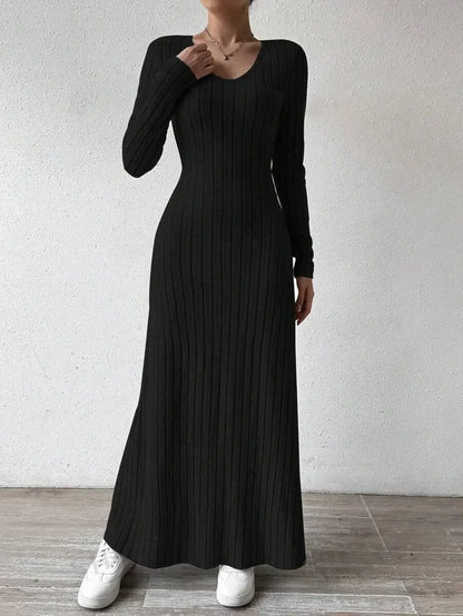 Long Sleeve A- Line Streetwear Dress For Women Smooths And Slims Your Silhouette Solid Color Long Dress