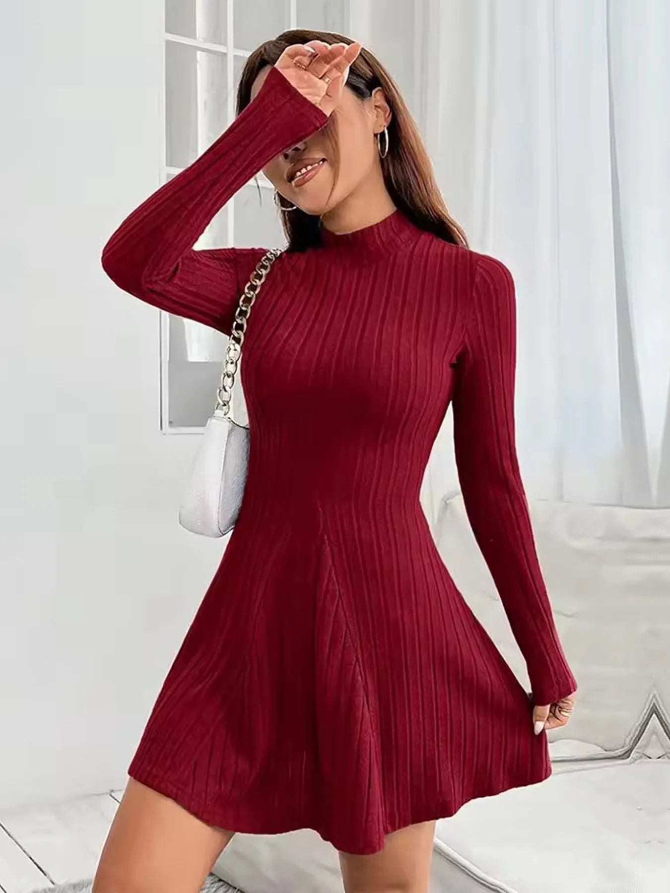 Women's slim fit half high collar waist cinched A-line skirt long sleeved pit stripe dress