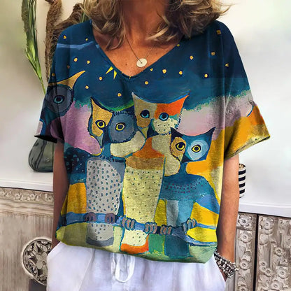 Women T Shirts Cartoon Cat Graphic Girls Clothing Large Size V Neck Short Sleeve Tee Summer Fashion Casual Female Clothing