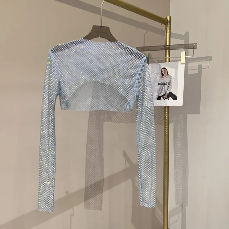 Bright diamond short top Slim thin Ms. hot drill long-sleeved T-shirt sexy leak waist nightclub