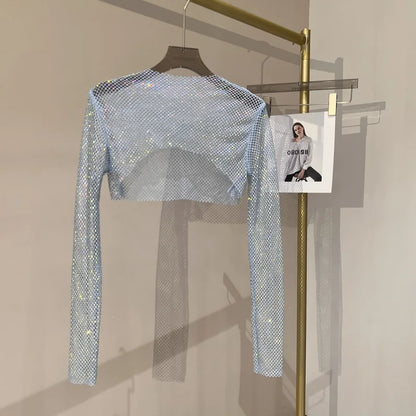 Bright diamond short top Slim thin Ms. hot drill long-sleeved T-shirt sexy leak waist nightclub