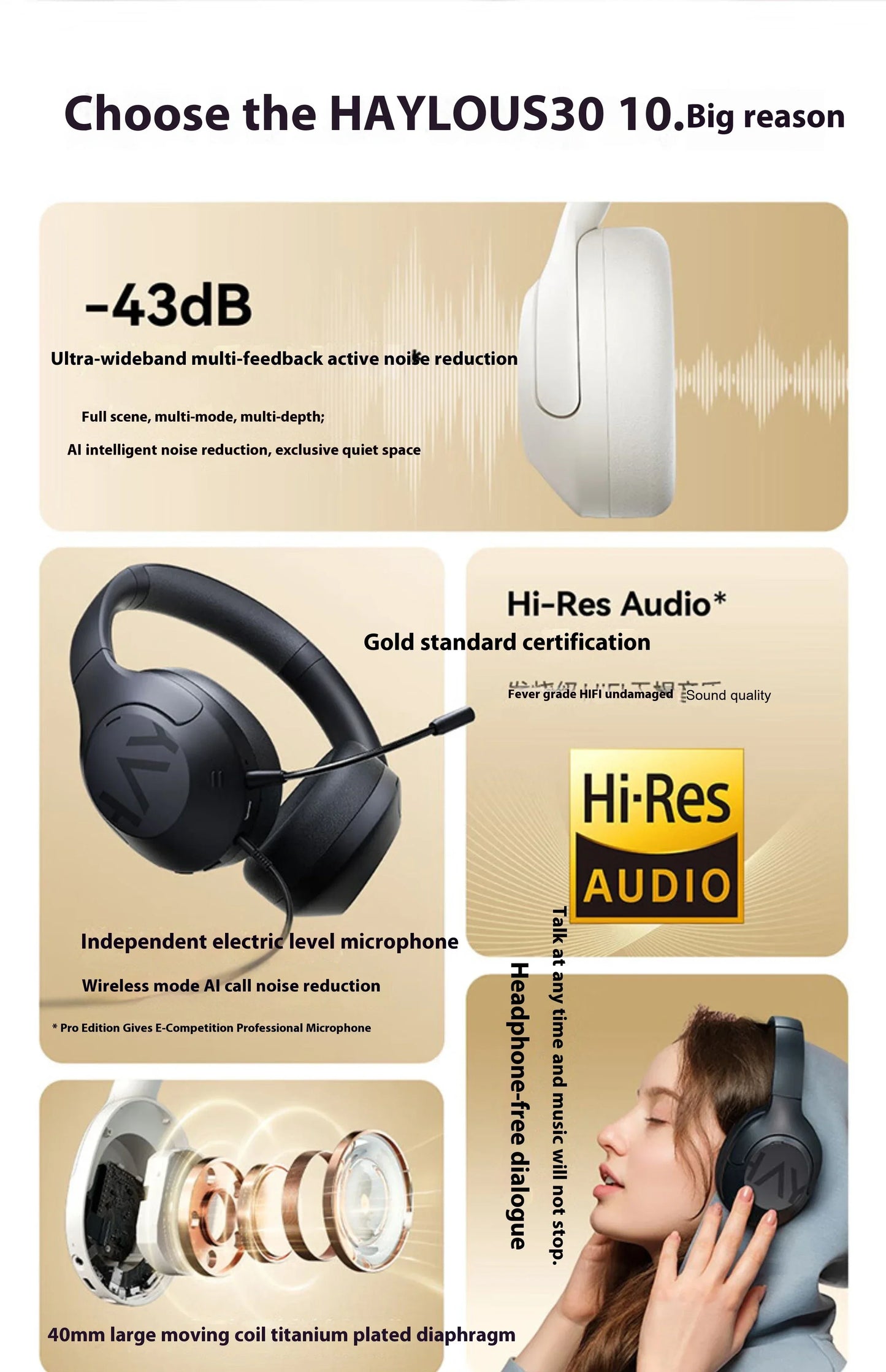 HAYLOU S30 Pro Headphone With Mic Active Noise Reduction Bluetooth 5.4 Long Battery Life HiFi 40mm Dynamic Gaming Headset Custom