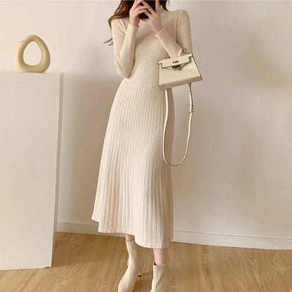 Slim Long Sleeve Party Midi Dress for Women Knitted Half High Collar Elegant Knitted Sweater Dresses Ladies