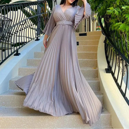 V-neck Flare Sleeve Big Swing Floor Length Maxi Long Dresses  Women Autumn Winter Party Prom Dress