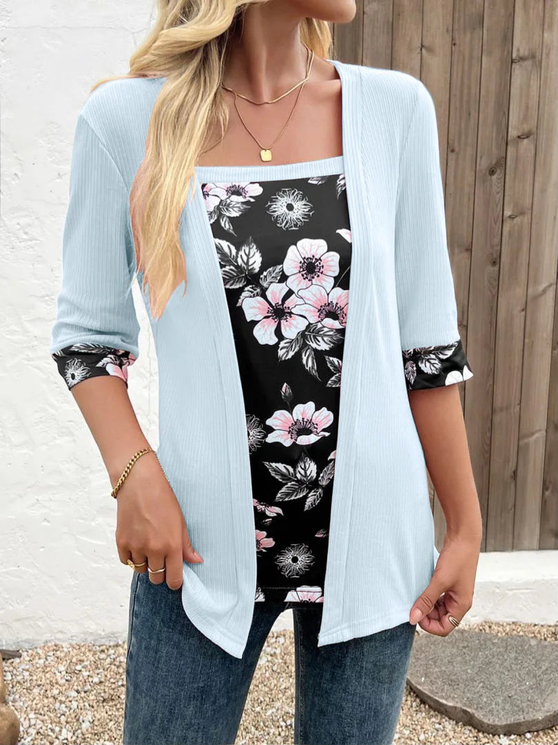 European,Clothes,Elastic,T-Shirt,Women,Chic,Sexy,Fake two pieces,Patchwork,Print,Tops,Half Sleeve,Loose,Tees,