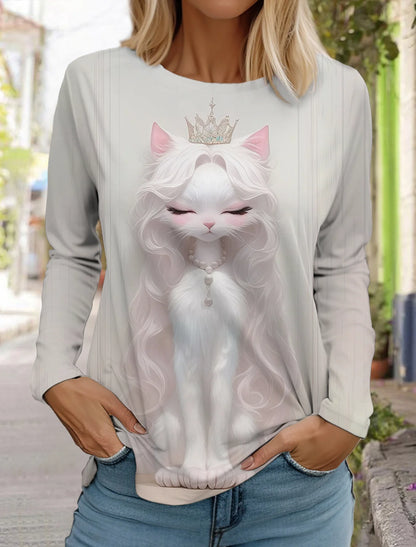 Long Sleeve 3D Printed Kitten Cute Print T-Shirt Women's Streetwear Round Neck Long Sleeve