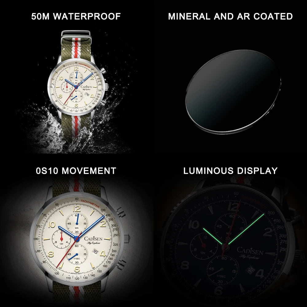 CADISEN New Men's Watches Top Luxury Quartz Watch For Men Canvas 0S10 Chronograph AR Mirror Waterproof Gift Men's Wristwatch