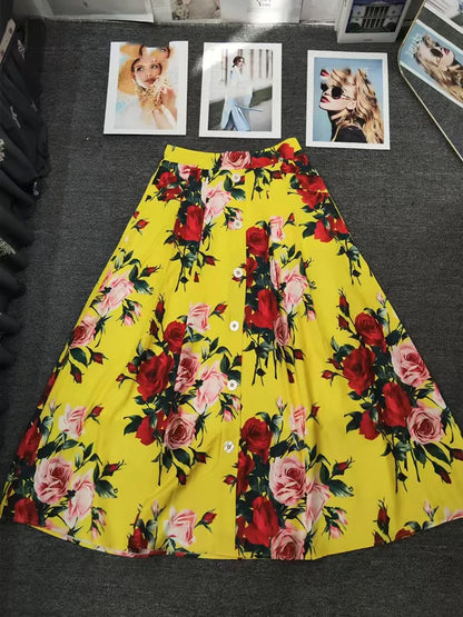 Elegant rose print sexy short tube top suspender top summer new female two-piece high waist pocket button big skirt fashion suit