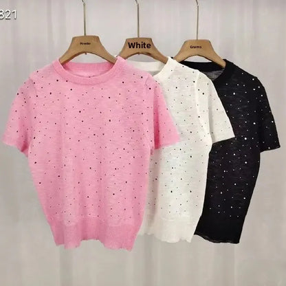 Korean Style round Neck Polka Dot Print Semi-Transparent Knitted Summer Fashion Short Sleeve Women's Top