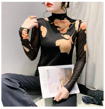 High Neck Long Sleeved Mesh Positioning Printed T-shirt Women Autumn Stretch Slim T Shirts Tops Female Base Tees HF8779