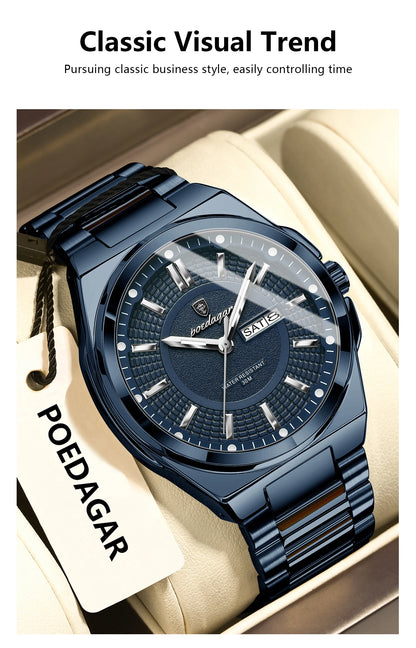 POEDAGAR Sport Original Men Clock Quartz Date Week Luxury Man Wristwatch Waterproof Luminous Stainless Steel Men's Watches Reloj