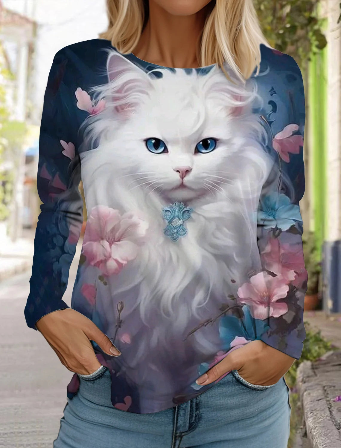Long Sleeve 3D Printed Kitten Cute Print T-Shirt Women's Streetwear Round Neck Long Sleeve