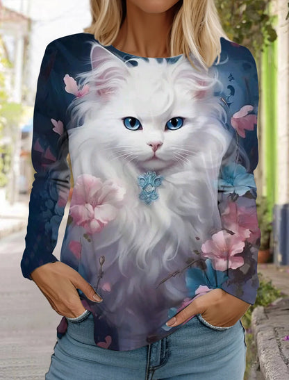 Long Sleeve 3D Printed Kitten Cute Print T-Shirt Women's Streetwear Round Neck Long Sleeve