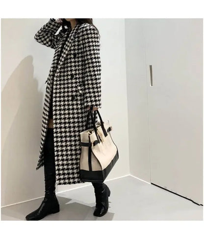 Women Autumn Winter Woolen Coat 2025 New Women Double Breasted Coat Korean Houndstooth Mid-Length Woolen Coat Lady Winter Jacket