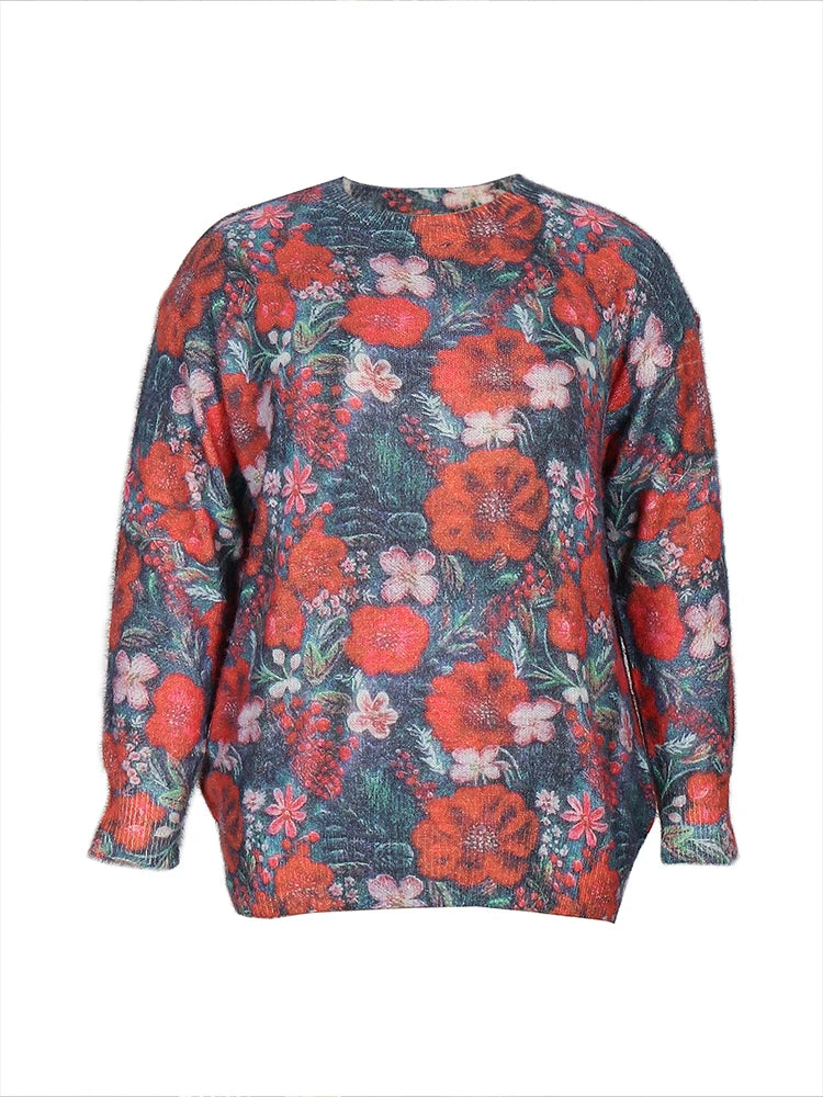plus Size Printed Crew Neck Knit Sweater for Women Loose Casual Autumn Winter Top Trendy Fashion Best Choice