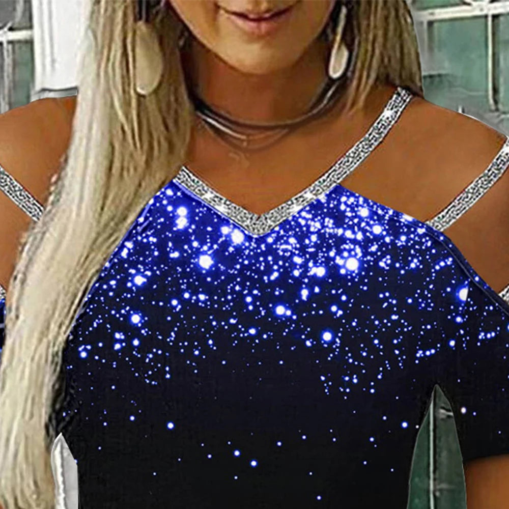 Women Glitter Short Sleeve V Neck T Shirt Ladies Casual Cold Shoulder Blouse Tops Clothing