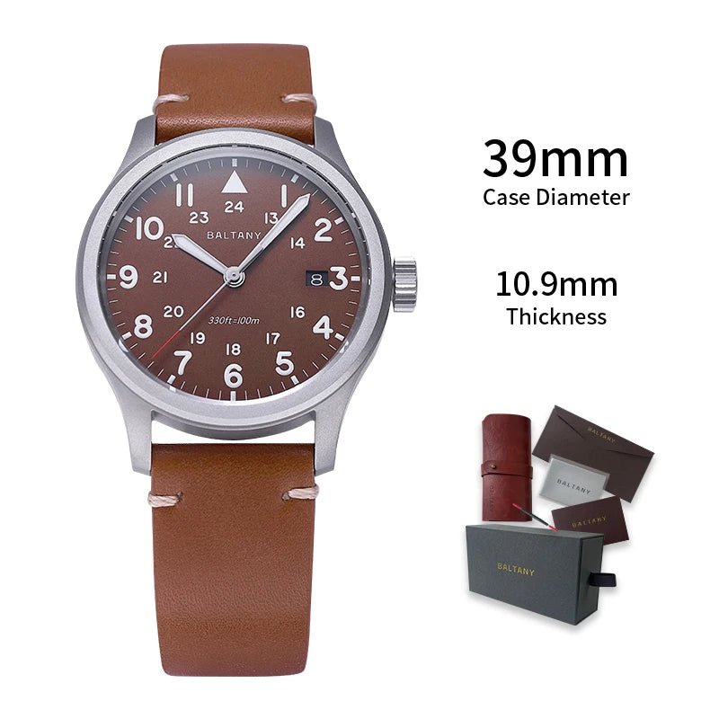 Baltany Men Quartz Field Watch S2082 10-Year Life Battery Luminous Leather Sapphire Stainless Steel Date Retro Military Watches