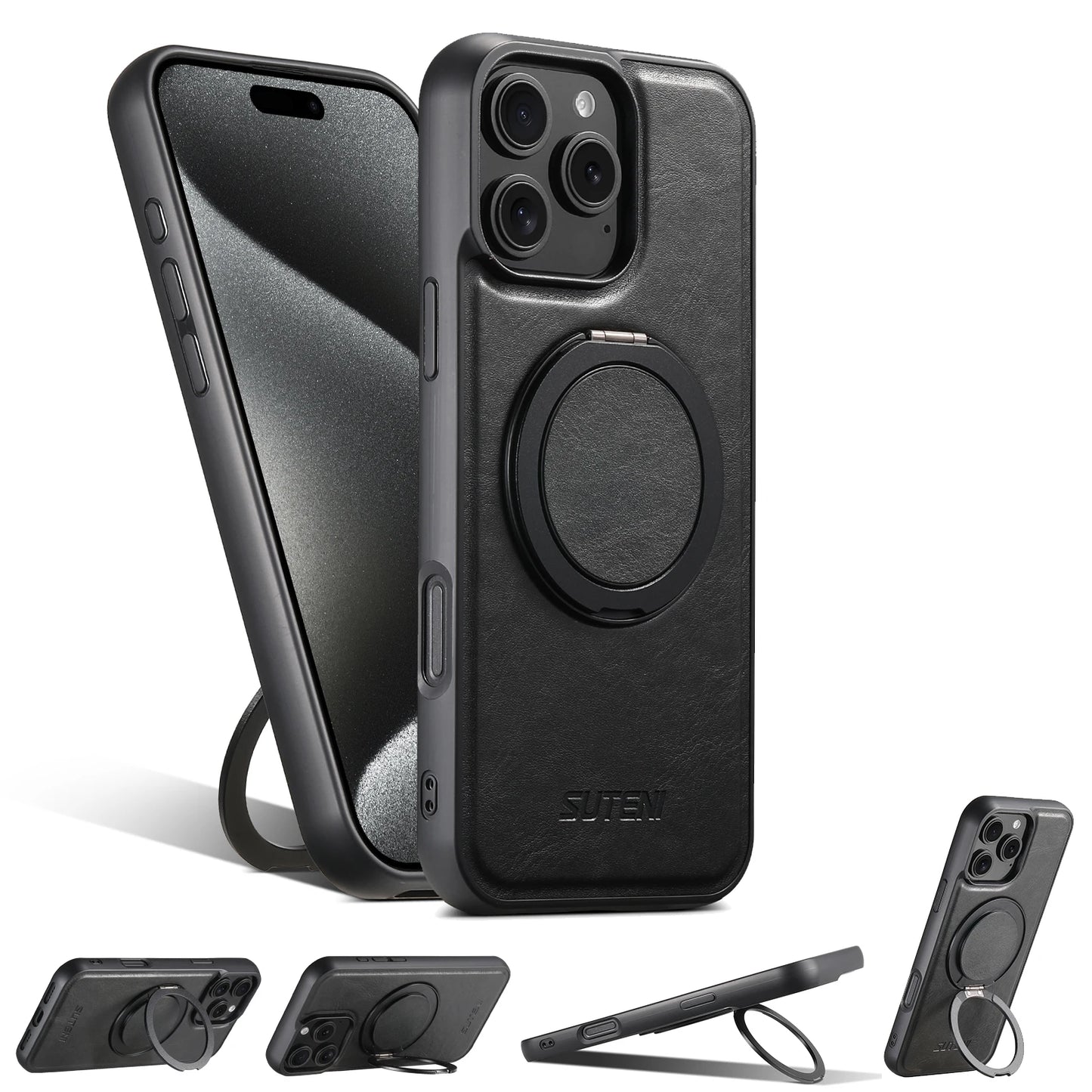 Strong Magnetic Compatible MagSafe Wireless Charging 360° Rotating Ring Stand PU Leather Phone Case For iPhone 17 16 15 14 13 12