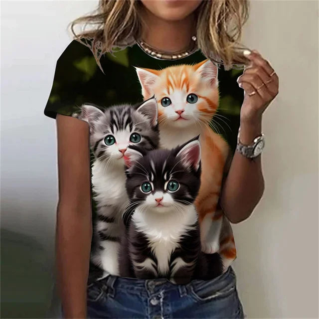 T-shirt 3D Printed Kawaii Cat Pattern Short Sleeved Round neck Top Summer Outdoor Casual Street Simple Clothing